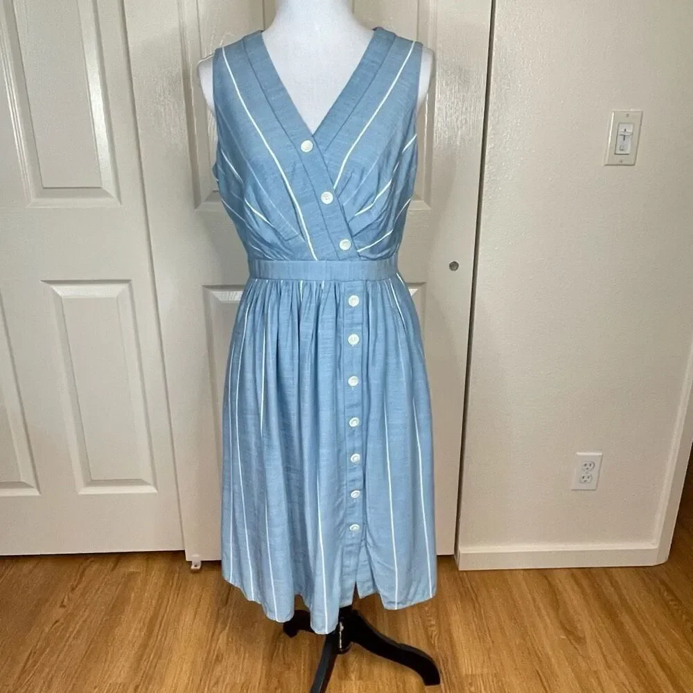 Gal Meets Glam Collection Button Front Surplice Dress Blue With White Stripes Si - Picture 13 of 14